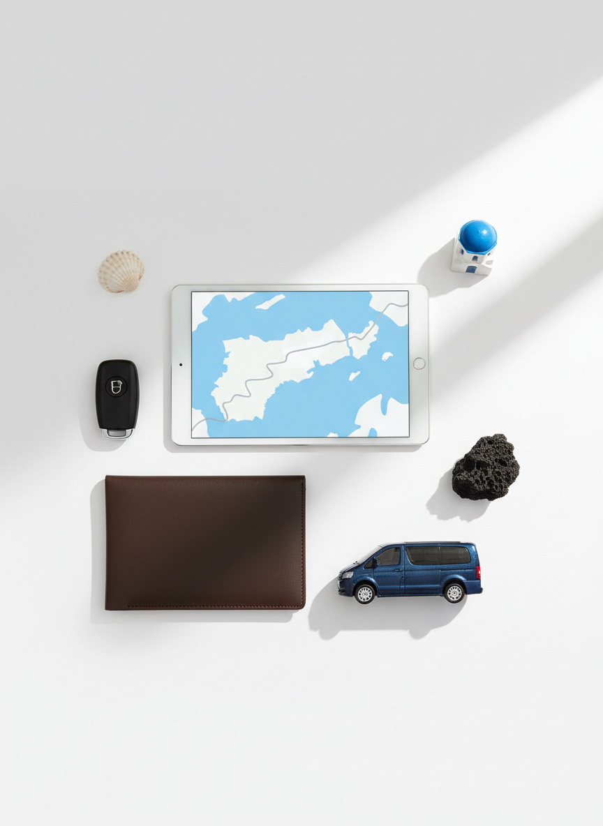 A curated collage-style overhead scene on a clean white surface featuring objects that symbolize planning private transfers and tours: a modern tablet showing a simplified map of Santorini’s coastline (no text), a sleek key fob with a metallic car icon, a slim leather folder, and a small model of a dark minivan. Around them, a seashell, a fragment of volcanic rock, and a blue-domed building miniature evoke the island. Soft, diffused window light from above-right creates subtle shadows and a professional, organized mood. Photographed with sharp focus and a minimalist composition, this realistic image suggests seamless online booking and careful itinerary planning without including any screens with readable text or logos.