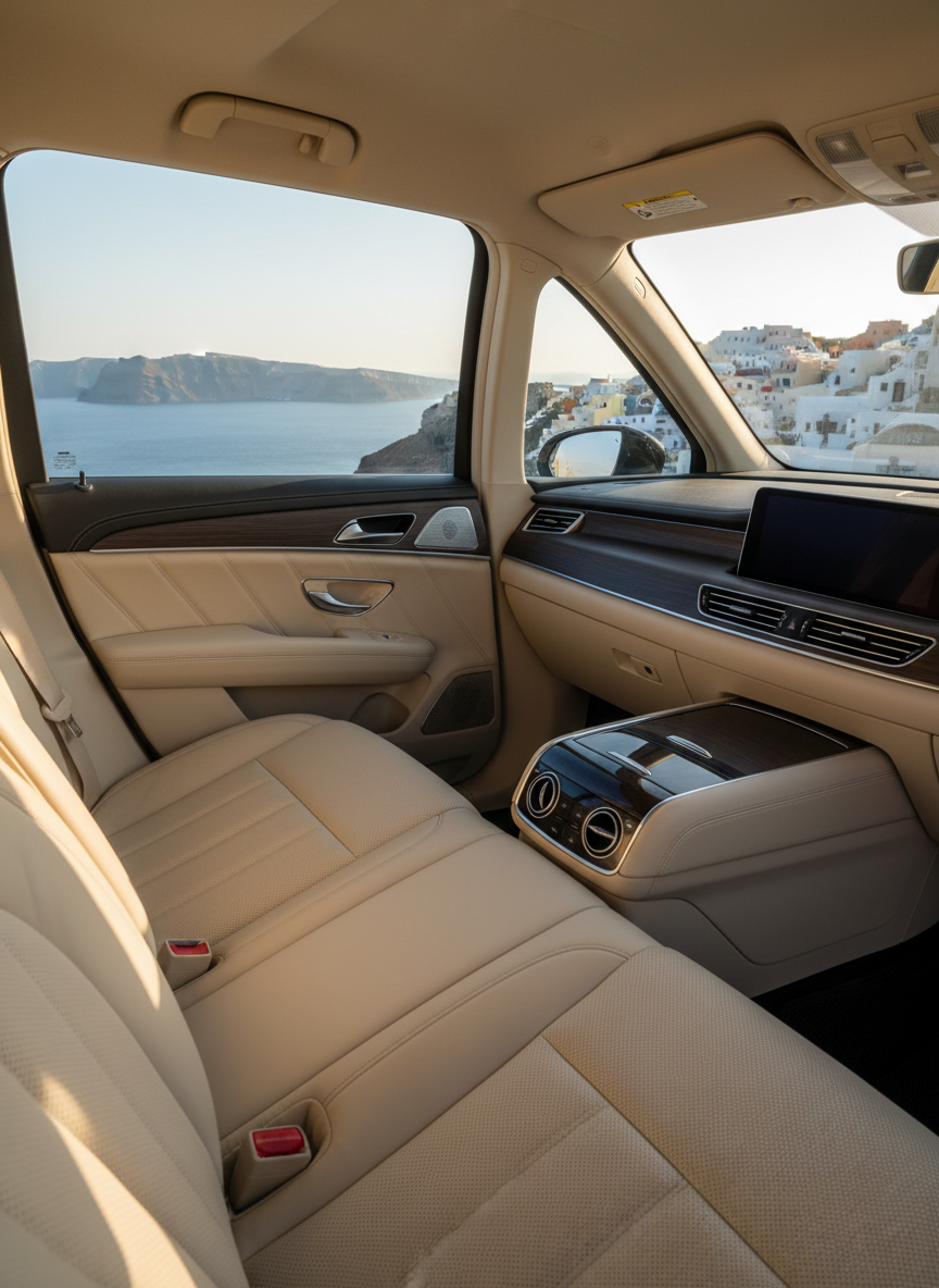 A panoramic, photographic view from inside a high-end transfer vehicle, focusing on the pristine leather interior, brushed metal details, and a spotless dashboard, with a large side window framing Santorini’s caldera and white cliffside houses. The camera looks slightly outward from the backseat area, emphasizing legroom and comfort while keeping the exterior scenery in crisp focus. Warm, late-day sunlight streams through the window, creating soft reflections on the leather and a reassuring glow. The atmosphere is calm, private, and luxurious, suggesting a smooth, guided journey. The clean, modern composition highlights comfort, safety, and professionalism without showing any human presence.