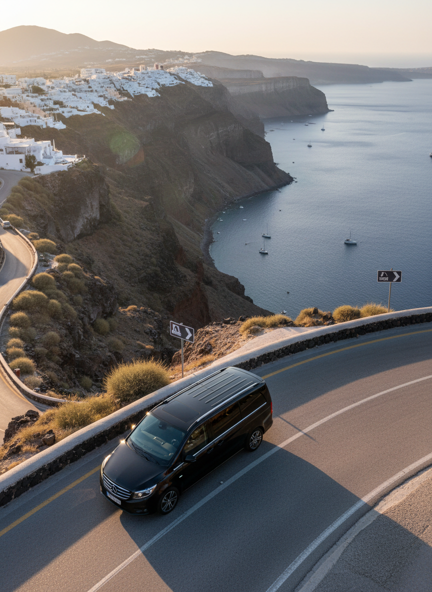 An elevated, wide-angle photographic view of a modern transfer vehicle navigating a gently curving Santorini road along the caldera rim, with clear lane markings, a protective stone barrier, and road signs visible but without readable text. The vehicle’s dark paint contrasts against the pale asphalt and rugged volcanic cliffs dropping to the shimmering sea below. Late afternoon sunlight creates a golden rim light along the car’s contour and illuminates the white villages in the distance. The scene feels dynamic yet controlled, with slight motion implied by the wheel position and angle of the car. The overall atmosphere communicates safety, professionalism, and expert local driving on a dramatic island route.