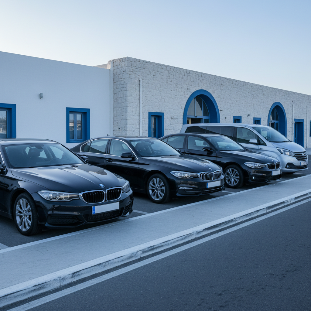A line of three well-maintained, dark-colored transfer vehicles—two executive sedans and one modern minivan—neatly aligned along a smooth, whitewashed curb outside a minimalist Santorini airport-style entrance. Structured stone walls and subtle blue accents echo local architecture without showing text. Soft morning light streams from the left, adding a gentle sheen across the hoods and windshields and casting precise shadows behind. Captured at eye level with sharp focus throughout, the composition emphasizes order, reliability, and readiness. The photographic style is bright yet professional, with cool, clear tones that convey trust, punctuality, and seamless private airport transfers for travelers arriving on the island.