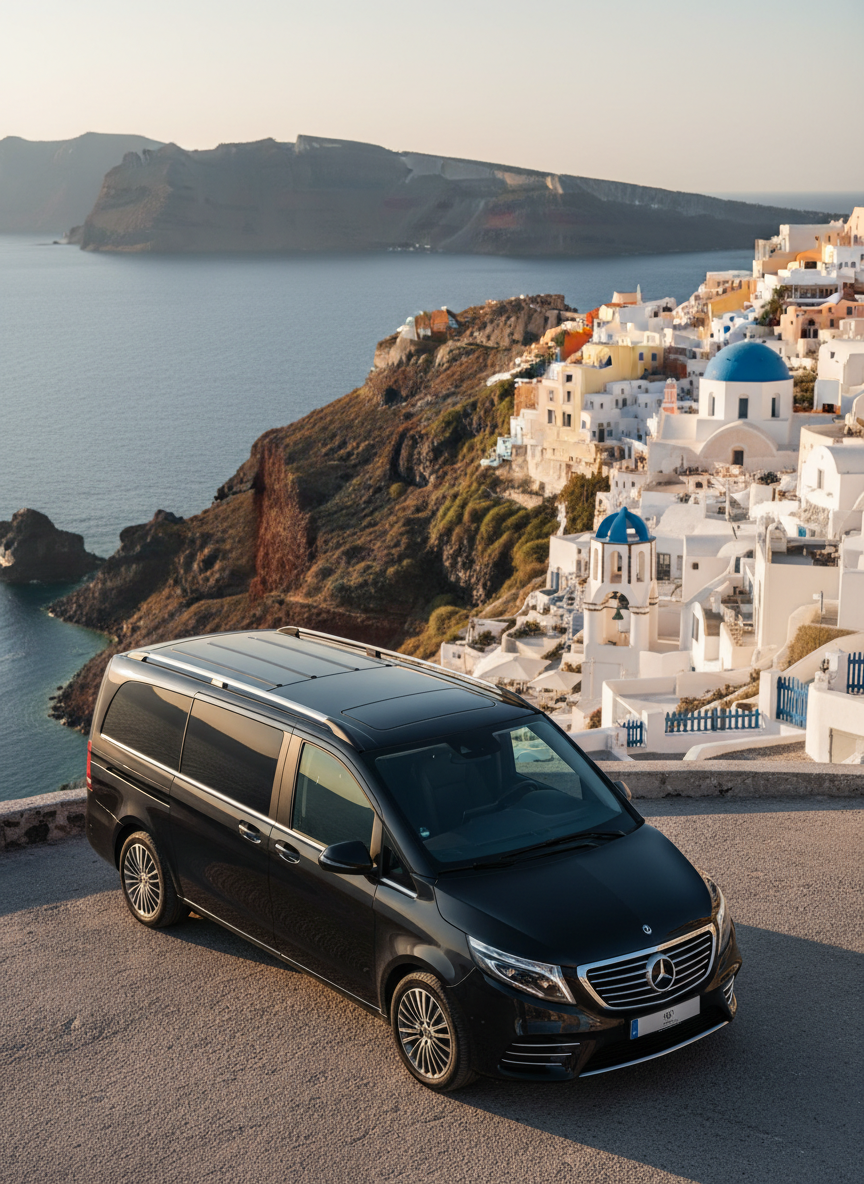 A sleek, dark metallic luxury minivan with spotless windows and subtle chrome accents parked at the edge of a Santorini cliffside viewpoint, its polished surface reflecting the deep blue Aegean Sea below. Behind it, whitewashed buildings with blue domes cascade down the caldera, softened in the distance. Late afternoon golden sunlight washes over the scene, creating crisp, professional shadows and highlights along the vehicle’s curves. Photographed from a slightly elevated three-quarter angle, the composition uses the rule of thirds to balance vehicle and landscape. The atmosphere feels trustworthy, organized, and premium, with photographic realism and a clean, modern aesthetic that clearly represents professional private transfers on the island.