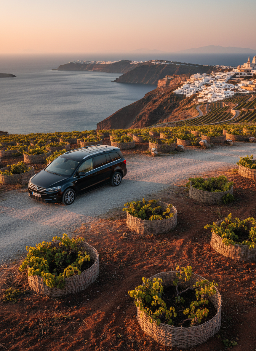 A small, elegant private tour vehicle—a compact, upscale van—pausing at a quiet Santorini vineyard overlooking the sea, surrounded by low, circular grape vines native to the island, arranged in traditional basket shapes. The van’s dark, glossy paint contrasts with the earthy soil and distant white villages on the ridge. Soft, warm sunset light casts long, gentle shadows across the rows, adding depth and tranquility. Shot from a wide, eye-level perspective, the composition balances the vehicle on one side and the vineyard and seascape on the other, symbolizing tailored guided tours that go beyond the crowded spots. The mood is serene, curated, and premium, with natural colors and photographic realism.
