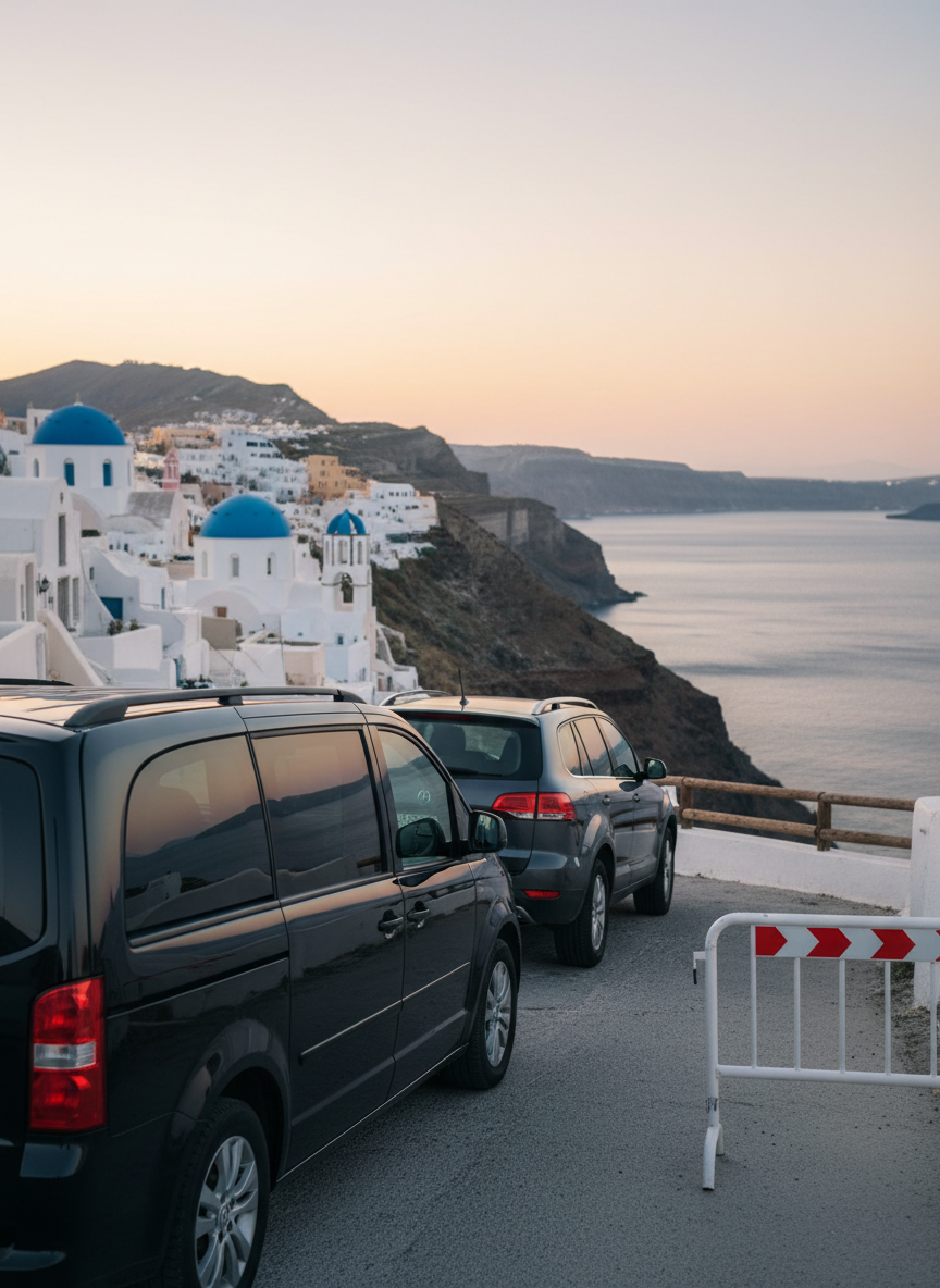 A polished black minivan and a tasteful mid-size SUV parked on a narrow, paved Santorini lane just above the caldera, with a clearly marked, official-looking road barrier and safety rail subtly visible nearby to imply adherence to local regulations. White cubic houses and blue-domed chapels rise along the hillside, bathed in soft, diffused early evening light. The camera is positioned low and slightly to the side, emphasizing robust tires and immaculate bodywork, with the island scenery stretching into the background. The mood is confident and reassuring, showing vehicles that are ready for safe, legal transfers along Santorini’s dramatic routes, in a realistic, professional photographic style.