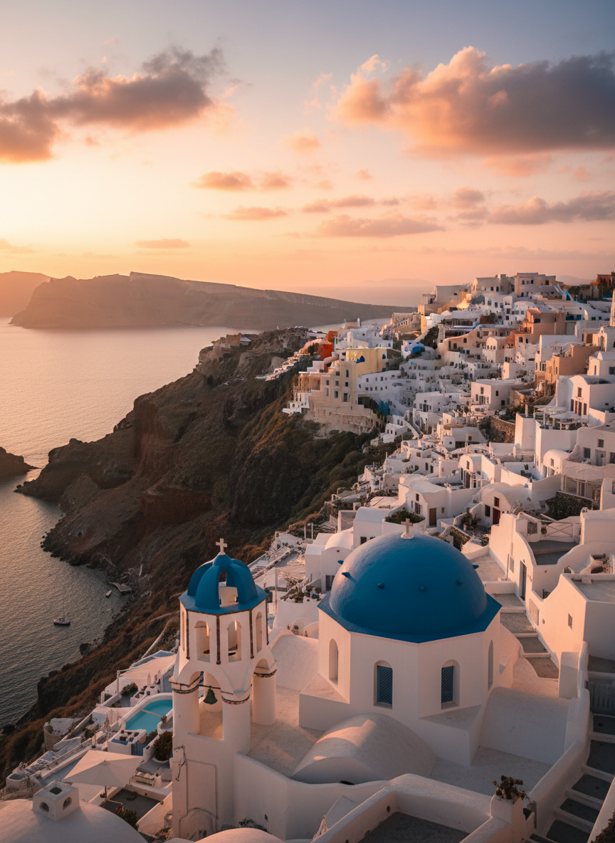 Εντυπωσιακή θέα της καλντέρας της Σαντορίνης στη χρυσή ώρα, με τα λευκά σπίτια της Οίας να κυλούν κατά μήκος της ηφαιστειακής βραχώδους ακτής, τις γαλάζιες θόλους των εκκλησιών και το βαθυγάλαζο Αιγαίο κάτω